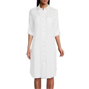 New Point Collar 3/4 Roll-Tab Sleeve Button Front Frayed Hem Shirt Dress
